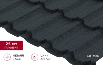 Металлочерепица "Квинта Юг" 0,5 Velur RAL 7016 антрацитово-серый GL 725646