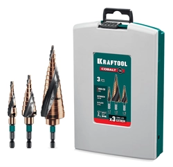 KRAFTOOL COBALT 3 шт., 4-32мм, азотирование, винтовая спираль, набор сверл ступенчатых(29691-4-32-H3) zb  29691-4-32-h3