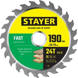 STAYER  Fast, 190 x 30/20 мм, 24Т, быстрый рез, пильный диск по дереву (3680-190-30-24) 3680-190-30-24_z01