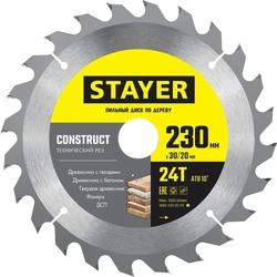 STAYER  Construct, 230 x 30/20 мм, 24Т, технический рез, пильный диск по дереву (3683-230-30-24) 3683-230-30-24_z01