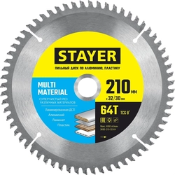 STAYER  Multi Material, 210 х 32/30 мм, 64Т, супер чистый рез, пильный диск по алюминию (3685-210-32-64) 3685-210-32-64