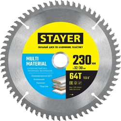 STAYER  Multi Material, 230 х 32/30 мм, 64Т, супер чистый рез, пильный диск по алюминию и пластику (3685-230-32-64) 3685-230-32-64