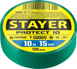 STAYER  PROTECT-10, 15 мм х 10 м, 5 000 В, зеленая, изолента ПВХ, Professional (12292-G) 12291-G_z01