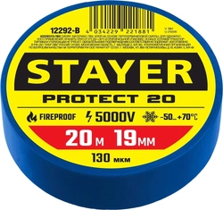 STAYER  PROTECT-20, 19 мм х 20 м, 5 000 В, синяя, изолента ПВХ, Professional (12292-B) 12292-B