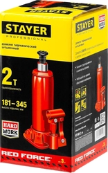 STAYER  RED FORCE, 2 т, 181 - 345 мм, бутылочный гидравлический домкрат, Professional (43160-2) 43160-2_z01