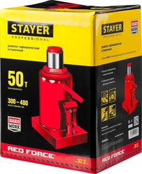 STAYER  RED FORCE, 50 т, 300 - 480 мм, бутылочный гидравлический домкрат, Professional (43160-50) 43160-50_z01