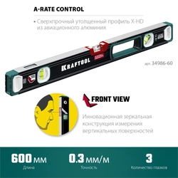 KRAFTOOL  A-RATE CONTROL, 600 мм, точность 0.3 мм/м, с инновационным зеркальным глазком, сверхпрочный уровень (34986-60) 34986-60