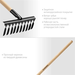 GRINDA  GS-10 WOOD, 320 х 95 х 1300 мм, 10 витых зубцов, углеродистая сталь, антикор. покрытие, черенок дерев. высш. сорт, садовые грабли (39581-10) 39581-10