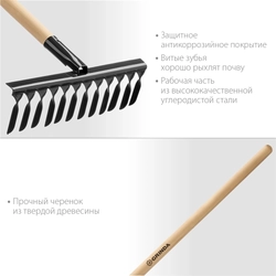 GRINDA  GS-12 WOOD, 385 х 95 х 1300 мм, 12 витых зубцов, углеродистая сталь, антикор. покрытие, черенок дерев. высш. сорт, садовые грабли(39581-12) 39581-12