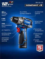 ЗУБР КОМПАКТ #3, 12 В, 45 Н·м, 2 АКБ тип Т7 (2 А·ч), дрель-шуруповерт, BRUSHLESS, кейс, Профессионал (DB-121-22) zb  db-121-22