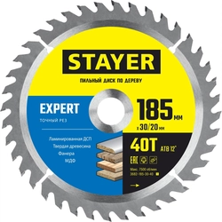 STAYER Expert, 185 x 30/20 мм, 40Т, точный рез, пильный диск по дереву (3682-185-30-40) zb  3682-185-30-40_z01