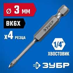 ЗУБР 3 мм, 4х кромка, HEX 1/4, Сверло по стеклу и кафелю, Профессионал (29845-03) zb  29845-03_z01