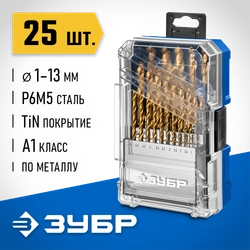 ЗУБР ТИТАН 25шт (1-13мм) сталь Р6М5, класс А, титановое покрытие, пласт.бокс, набор сверл по металлу (29617-H25) zb  29617-h25
