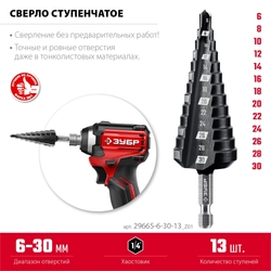 ЗУБР 6-30мм, 13 ступеней, сверло ступенчатое (29665-6-30-13) zb  29665-6-30-13_z01