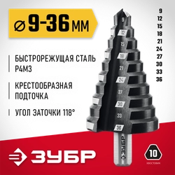 ЗУБР 9-36мм, 10 ступеней, сверло ступенчатое (29665-9-36-10) zb  29665-9-36-10_z01