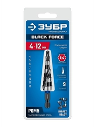 ЗУБР BLACK FORCE 4-12мм, 9 ступеней, винтовая проточка, сверло ступенчатое, ПРОФЕССИОНАЛ (29671-4-12-9) zb  29671-4-12-9