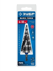ЗУБР BLACK FORCE 4-32мм, 15 ступеней, винтовая проточка, сверло ступенчатое, ПРОФЕССИОНАЛ (29671-4-32-15) zb  29671-4-32-15
