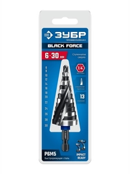 ЗУБР BLACK FORCE 6-30мм, 13 ступеней, винтовая проточка, сверло ступенчатое, ПРОФЕССИОНАЛ (29671-6-30-13) zb  29671-6-30-13