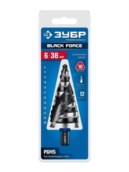ЗУБР BLACK FORCE 6-38мм, 12 ступеней, винтовая проточка, сверло ступенчатое, ПРОФЕССИОНАЛ (29671-6-38-12) zb  29671-6-38-12