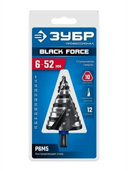ЗУБР BLACK FORCE 6-52мм, 12 ступеней, винтовая проточка, сверло ступенчатое, ПРОФЕССИОНАЛ (29671-6-52-12) zb  29671-6-52-12