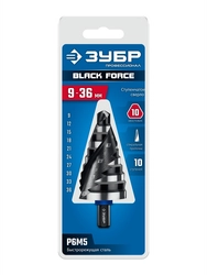 ЗУБР BLACK FORCE 9-36мм, 10 ступеней, винтовая проточка, сверло ступенчатое, ПРОФЕССИОНАЛ (29671-9-36-10) zb  29671-9-36-10