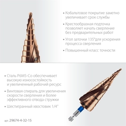 ЗУБР КОБАЛЬТ 4-32мм, 15 ступеней, винтовая проточка, сверло ступенчатое, ПРОФЕССИОНАЛ (29674-4-32-15) zb  29674-4-32-15