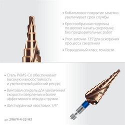 ЗУБР КОБАЛЬТ 3 шт, 4-32мм, винтовая проточка, набор ступенчатых сверл, ПРОФЕССИОНАЛ (29674-4-32-H3) zb  29674-4-32-h3