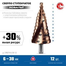 ЗУБР КОБАЛЬТ 6-38мм, 12 ступеней, винтовая проточка, сверло ступенчатое, ПРОФЕССИОНАЛ (29674-6-38-12) zb  29674-6-38-12