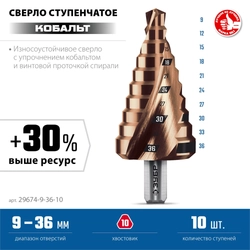 ЗУБР КОБАЛЬТ 9-36мм, 10 ступеней, винтовая проточка, сверло ступенчатое, ПРОФЕССИОНАЛ (29674-9-36-10) zb  29674-9-36-10