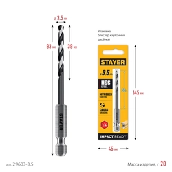 STAYER НЕХ-1/4″, d 3.5 х 93 мм, сверло по металлу для винтовёртов и шуруповертов IMPACT READY (29603-3.5) zb  29603-3.5