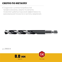 STAYER НЕХ-1/4″, d 8.0 х 117 мм, сверло по металлу для винтовёртов и шуруповертов IMPACT READY (29603-8) zb  29603-8