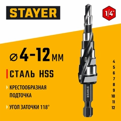 STAYER Pro-Max 4-12мм, 9 ступеней, винтовая спираль, сверло ступенчатое (29661-4-12-9) zb  29661-4-12-9