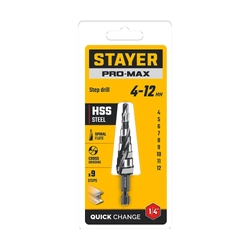 STAYER Pro-Max 4-12мм, 9 ступеней, винтовая спираль, сверло ступенчатое (29661-4-12-9) zb  29661-4-12-9