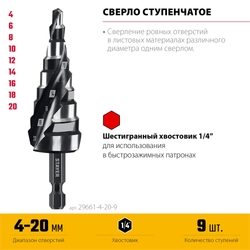 STAYER Pro-Max 4-20мм, 9 ступеней, винтовая спираль, сверло ступенчатое (29661-4-20-9) zb  29661-4-20-9