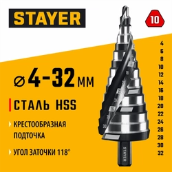 STAYER Pro-Max 4-32мм, 15 ступеней, винтовая спираль, сверло ступенчатое (29661-4-32-15) zb  29661-4-32-15