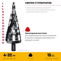 STAYER Pro-Max 4-32мм, 15 ступеней, винтовая спираль, сверло ступенчатое (29661-4-32-15) zb  29661-4-32-15