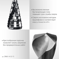 STAYER Pro-Max 4-32мм, 15 ступеней, винтовая спираль, сверло ступенчатое (29661-4-32-15) zb  29661-4-32-15