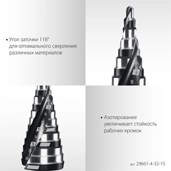 STAYER Pro-Max 4-32мм, 15 ступеней, винтовая спираль, сверло ступенчатое (29661-4-32-15) zb  29661-4-32-15