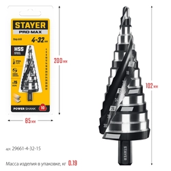 STAYER Pro-Max 4-32мм, 15 ступеней, винтовая спираль, сверло ступенчатое (29661-4-32-15) zb  29661-4-32-15