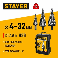 STAYER Pro-Max 3 шт, 4-38мм, винтовая спираль, набор сверл ступенчатых (29661-4-38-H3) zb  29661-4-38-h3