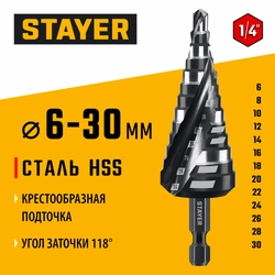 STAYER Pro-Max 6-30мм, 13 ступеней, винтовая спираль, сверло ступенчатое (29661-6-30-13) zb  29661-6-30-13
