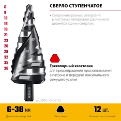 STAYER Pro-Max 6-38мм, 12 ступеней, винтовая спираль, сверло ступенчатое (29661-6-38-12) zb  29661-6-38-12