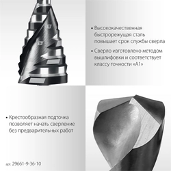 STAYER Pro-Max 9-36мм, 10 ступеней, винтовая спираль, сверло ступенчатое (29661-9-36-10) zb  29661-9-36-10