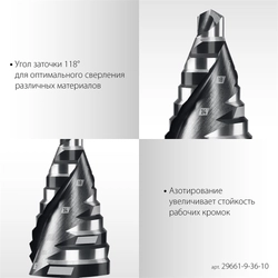 STAYER Pro-Max 9-36мм, 10 ступеней, винтовая спираль, сверло ступенчатое (29661-9-36-10) zb  29661-9-36-10