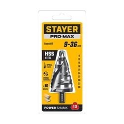 STAYER Pro-Max 9-36мм, 10 ступеней, винтовая спираль, сверло ступенчатое (29661-9-36-10) zb  29661-9-36-10