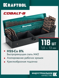 KRAFTOOL Cobalt, 118 шт, (1-13 мм), сталь М42, HSS-Co(8%), набор сверл по металлу (29656-H118) zb  29656-h118