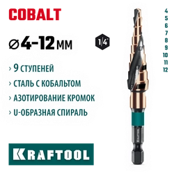 KRAFTOOL COBALT 4-12мм, 9 ступеней, азотирование, винтовая спираль, сверло ступенчатое(29691-4-12-9) zb  29691-4-12-9