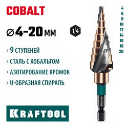 KRAFTOOL COBALT 4-20мм, 9 ступеней, азотирование, винтовая спираль, сверло ступенчатое(29691-4-20-9) zb  29691-4-20-9