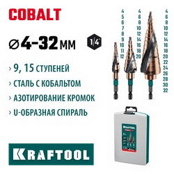 KRAFTOOL COBALT 3 шт., 4-32мм, азотирование, винтовая спираль, набор сверл ступенчатых(29691-4-32-H3) zb  29691-4-32-h3