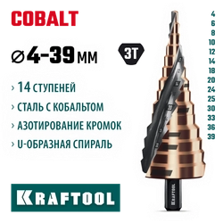 KRAFTOOL COBALT 4-39мм, 14 ступеней, азотирование, винтовая спираль, сверло ступенчатое(29691-4-39-14) zb  29691-4-39-14